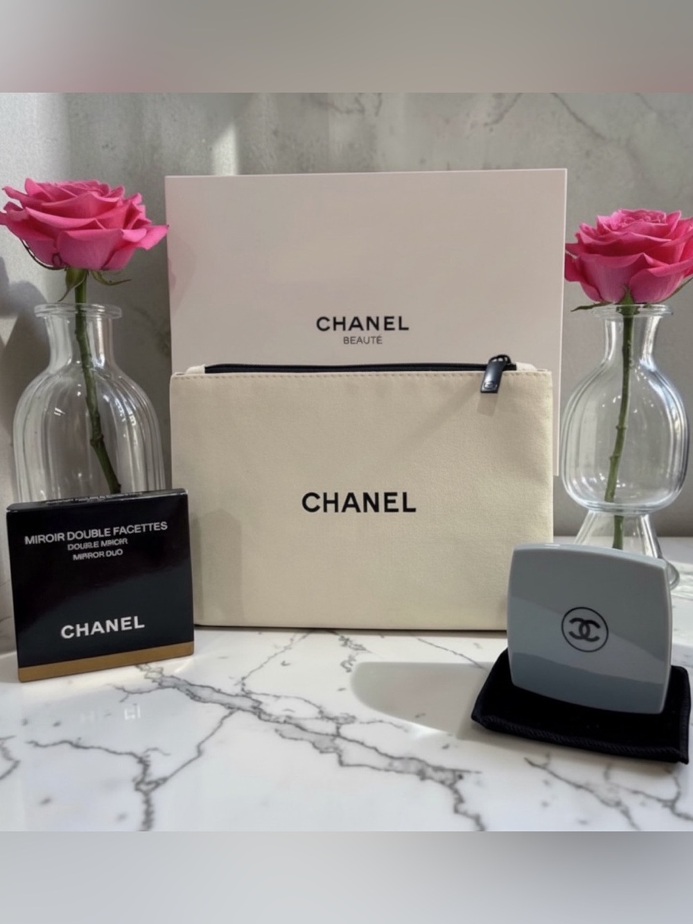 Chanel Beaute Cream Cosmetic Pouch with Sage Compact Mirror - New